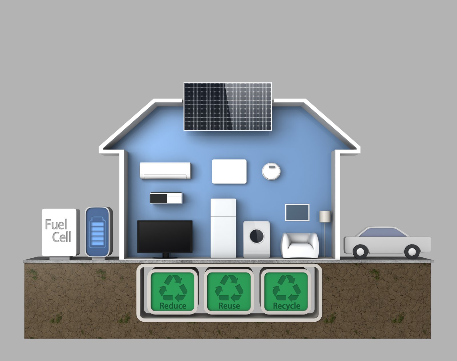 Illustration of a home with solar power, energy storage and household systems