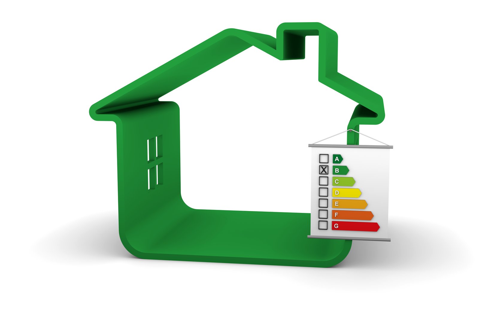 Green house outline with an energy efficiency rating scale